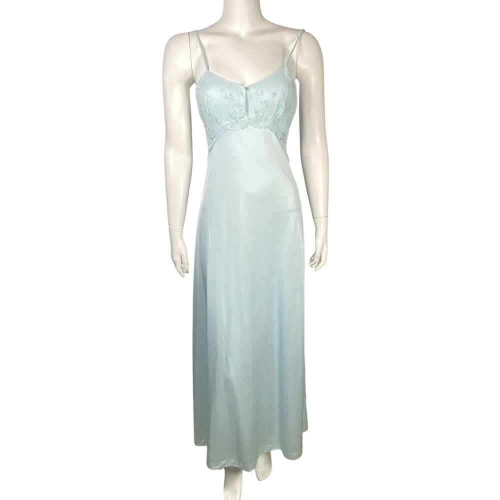 Vintage Full Slip Dress Nightgown Size S Embroidered Flowers Nylon Light Blue
